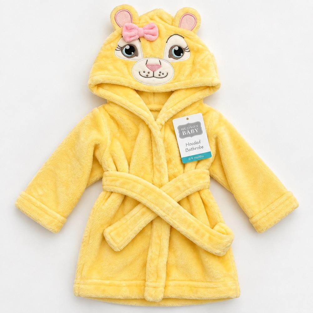 Hudson Baby Yellow Hooded Bathrobe Animal Face Plush Robe 0-9M Female Lion Girl